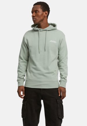 Light green hoodie with a drawstring, ribbed cuffs, and a front kangaroo pocket. Features a small white logo on the chest.