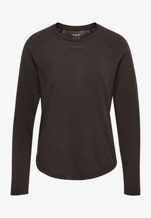 Langärmliges, schwarzes Sportshirt mit Rundhalsausschnitt und dezentem hummel-Logo auf der Brust, gefertigt aus leichtem, atmungsaktivem Stoff.