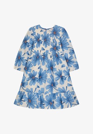 Geblümtes Kleid aus leichtem Stoff mit langen Ärmeln, verziert mit blauen Blumen, orangenfarbenen Zentren und einem gerafften Saum. Gerafftes Oberteil für eine perfekte Passform.