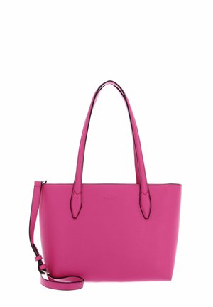 Sac cabas rose en cuir lisse ; dispose de deux longues anses, d'une bandoulière amovible et d'un bord noir. Design simple et rectangulaire.