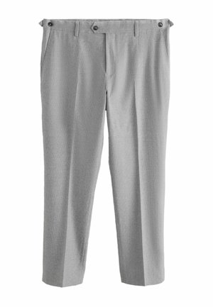 Gray textured trousers featuring a relaxed fit, two front pockets, and dual button closures at the waistband.