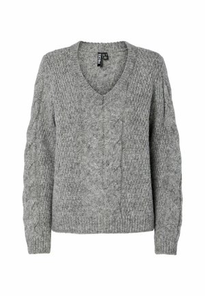 Grå strikket V-hals sweater med kabelstrik mønster på forsiden og ærmerne, ribbede manchetter og kant.
