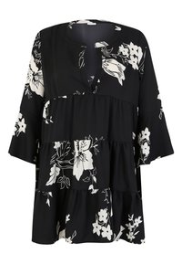 Schwarze Bluse mit Blumenmuster in Weiß, gestuftem Design, V-Ausschnitt und weiten Glockenärmeln aus leichtem Stoff.