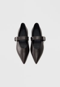 Zapatos de cuero marrón con punta puntiaguda, una correa de ancho medio y hebilla metálica ajustable, que presentan una textura suave y un diseño minimalista.