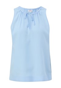 Blouse sans manches bleu clair avec encolure froncée et détail noué à l'avant, style décontracté, tissu lisse.