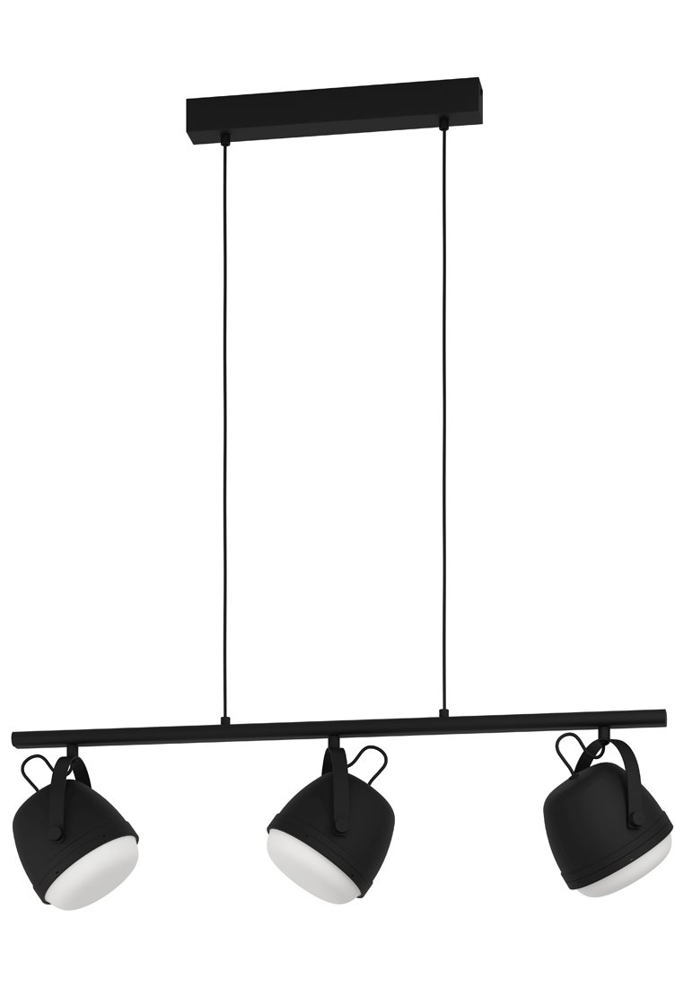 Schwarze Pendelleuchte mit drei runden, verstellbaren Leuchten. Jede Leuchte hat einen weißen, kreisförmigen Schirm. Hängt an einer horizontalen schwarzen Stange.