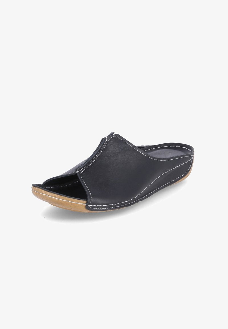 Schwarze Leder-Slipper mit offener Zehenpartie, weißen Nähten und hellbrauner Sohle, entworfen für den Freizeitgebrauch.