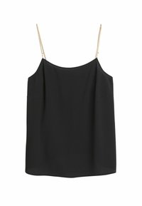 Svart ärmlös topp med en lös passform, tillverkad av ett mjukt tyg. Har tunna kedjeaxlar och en enkel, minimalistisk design.
