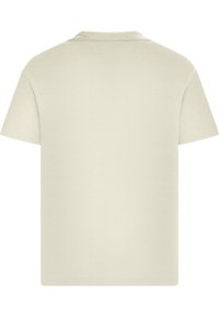 Korte mouwen t-shirt in beige, gemaakt van een gladde stof. Heeft een ronde halslijn en schone, gestikte zomen. Geen ontwerpen of patronen zichtbaar.