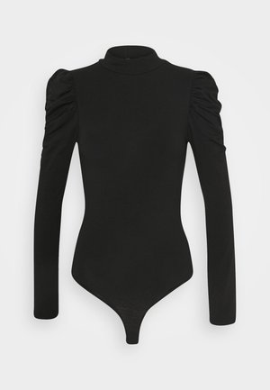 Svart långärmad bodysuit med hög krage och volangärmar. Tillverkad av stretchigt tyg; har en figursydd design och g-string botten.