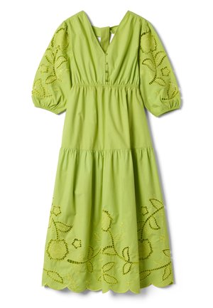 Grünes Midikleid mit V-Ausschnitt, Puffärmeln, Knopfleiste vorne, elastischer Taille und floraler Lochstickerei an Ärmeln und Saum.