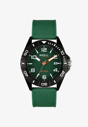 Armbåndsur med grøn urskive, sort roterende ramme, hvide og orange visere, datovisning klokken 3, og grøn stofrem.