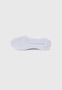 White sneaker sole with textured grip pattern, featuring purple accents and a central branding area. Curved design with raised edges.