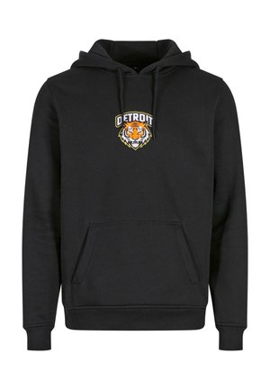 Melnas kapuces džemperis, izgatavots no mīksta kokvilnas maisījuma, ar priekšējo kangarooga kabatu, ar regulējamu kapuci un izšūtu Detroitas Tigers logo krāsā.