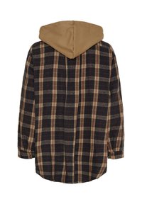 Flannelskjorte i marineblå og beige tern, med en brun hætte, lange ærmer og en buet kant. Blød tekstur med knapmanchetter.