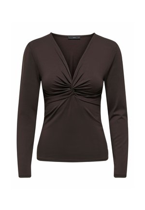 Maglia marrone a maniche lunghe con scollo a V, dettaglio arricciato sul davanti e tessuto dalla texture liscia. Design aderente con decorazioni minime.