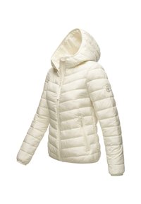 Witte gewatteerde jas met capuchon, gemaakt van glanzend materiaal. Heeft horizontale stiklijnen, een ritssluiting aan de voorkant en zijzakken.