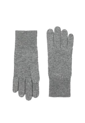 Paire de gants en laine gris tricotés avec poignets côtelés, montrée à plat, une paume et un dos visibles, sur fond blanc.