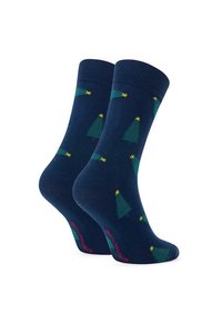 Skarpetki z bawełnianego materiału w kolorze granatowym z wzorem zielonych choinek bożonarodzeniowych i żółtych gwiazd. Posiadają prążkowane mankiety dla większego komfortu.