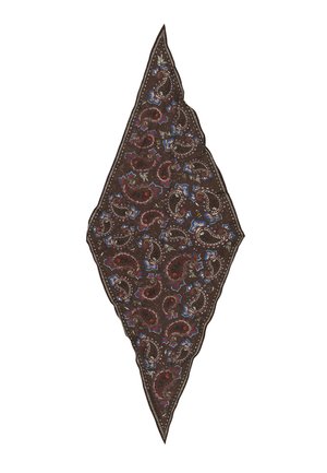 Brązowa chusta w kształcie diamentu z czerwonymi, niebieskimi i beżowymi wzorami paisley oraz ozdobnym haftem na brzegach na białym tle.
