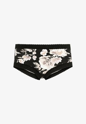 Sort blomsterprint undertøj med en ribbet tekstur. Har en bølget talje og lyse blomster i hele designet.