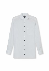 Witte blouse met lange mouwen en zwarte stippen, met een knoopsluiting, kraag en borstzak. Voorzien van zwarte knopen aan de voorkant. Glad stoftextuur.