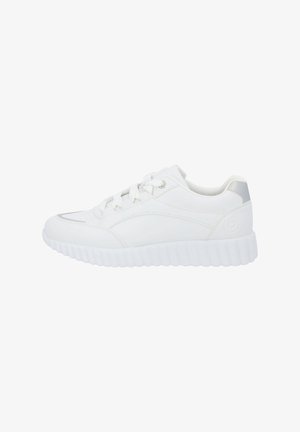White sneakers with a smooth synthetic upper, textured toe cap, and a thick ridged sole. Features classic lace-up design and subtle branding detail.