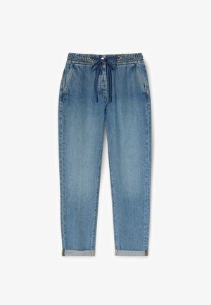 Pantaloni jogger in denim azzurro chiaro con vita elasticizzata, chiusura con cordino, tasche laterali e orli con risvolto. Tessuto morbido.