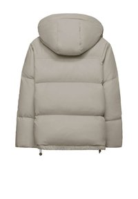 Lichtbeige pufferjack met een capuchon, voorzien van horizontale stiksels, elastische zoom en trekkoorden aan de onderkant voor een verstelbare pasvorm.