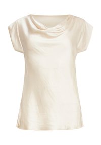 Blusa in satin color crema con scollo drappeggiato, maniche corte e spacchi laterali per una vestibilità rilassata. Tessuto liscio e lucentezza elegante.