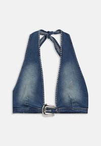 Denim halter top featuring a deep V-neck, silver-tone studded accents, and a large embellished buckle closure at the waist. Light fading detail.