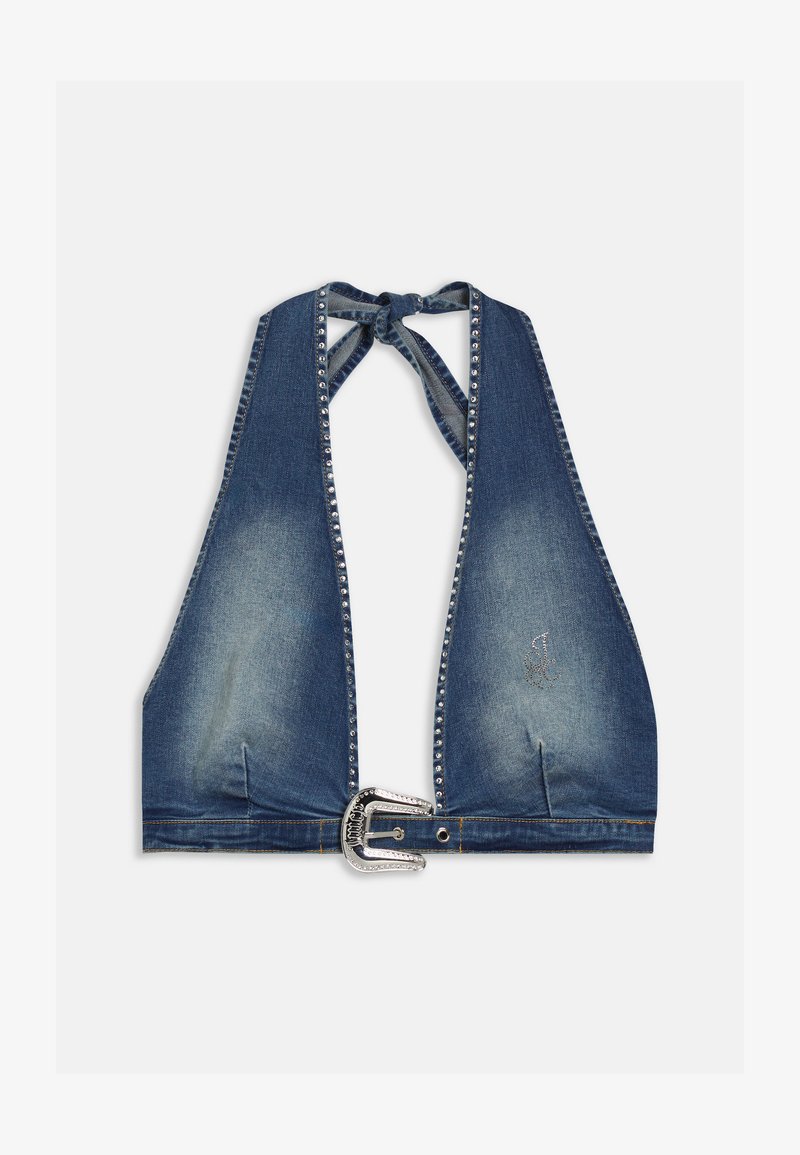 Denimo halteris su giliu V formos iškirpimu, sidabrinių akcentų ir dideliu dekoruotu sagtimi juosmens srityje. Šviesus blukimo efektas.