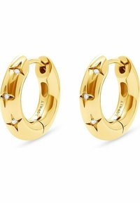Guld hoops øreringe med en poleret overflade, der har fire stjerneformede udsmykninger, hver med en lille klar ædelsten.