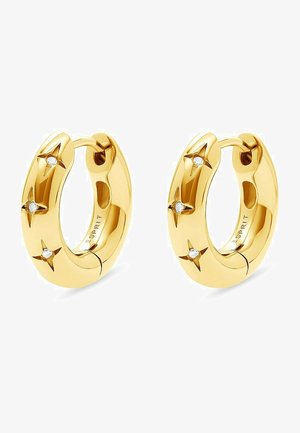 Guldörhängen i hängande stil med en polerad yta, prydda med fyra stjärnformade detaljer, där varje detalj har en liten klar ädelsten.