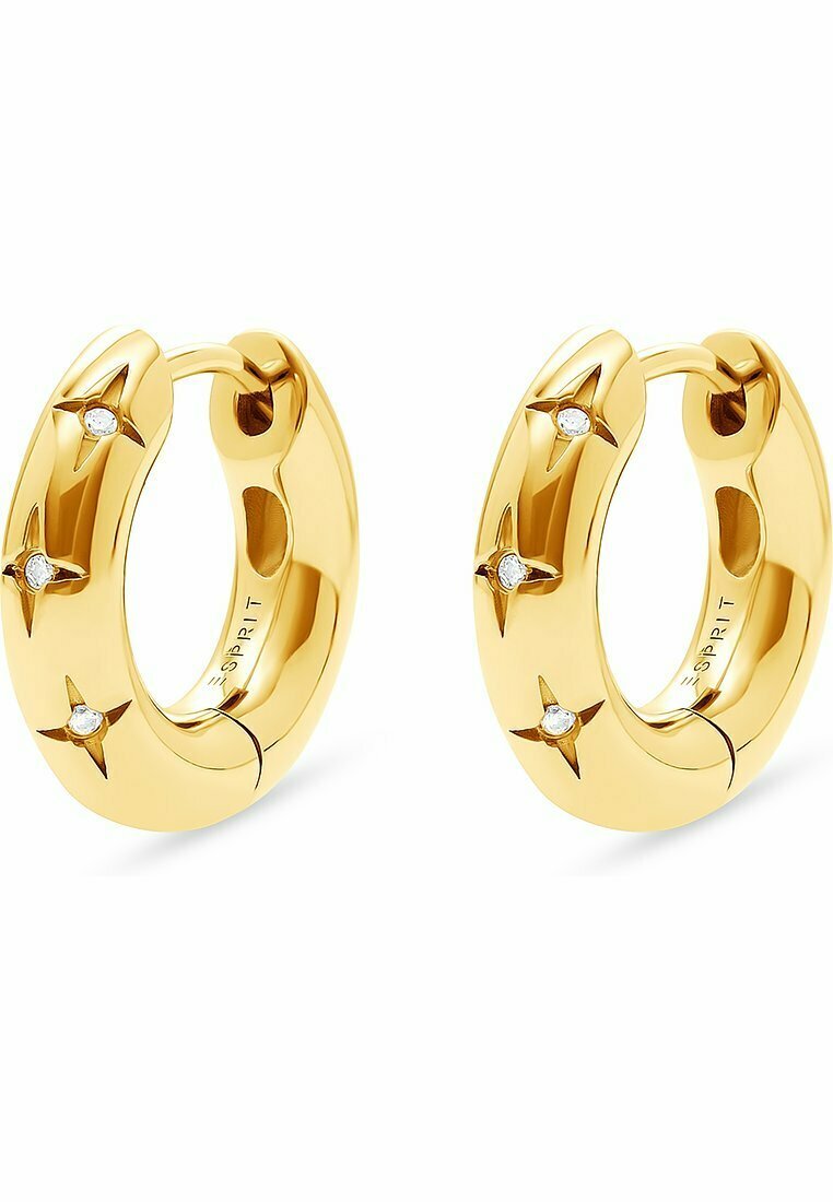 Guld hoops øreringe med en poleret overflade, der har fire stjerneformede udsmykninger, hver med en lille klar ædelsten.