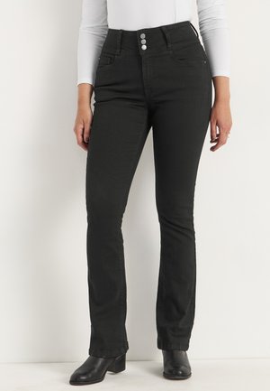 Schwarze hochtaillierte Jeans mit fünf Taschen, ausgestattet mit drei silbernen Knöpfen am Bund und einem geraden Beinschnitt.