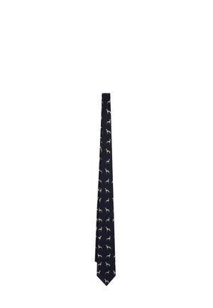 Corbata azul marino con un patrón repetitivo de pequeñas ilustraciones de perros en beige y blanco.