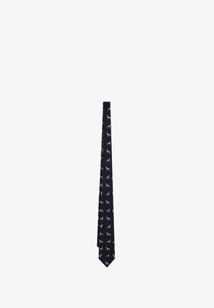 Corbata azul marino con un patrón repetitivo de pequeñas ilustraciones de perros en beige y blanco.