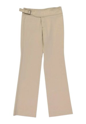Pantalon beige à jambes larges avec une taille haute et une ceinture ajustable assortie, présenté sur fond blanc.