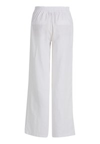 White linen wide-leg pants with an elastic waistband and two back pockets, featuring a smooth texture and a relaxed silhouette.