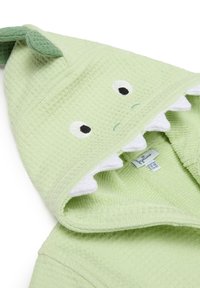 Groene badjas met capuchon van een geweven stof, met een drakenontwerp, inclusief geborduurde ogen, witte tanden en een groene topvin.