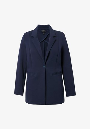 Navyblazer mit strukturiertem Design, Ein-Knopf-Verschluss, zwei Fronttaschen und taillierten Nähten. Hergestellt aus glattem Stoff mit leichtem Glanz.