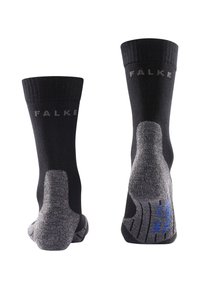 Czarne i szare skarpety sportowe z logo "FALKE" na ściągaczach, z wyściełaną piętą i podeszwą, pokazane od tyłu na białym tle.