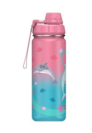 Rosa und blaue Edelstahl-Wasserflasche mit Illustrationen von Delfinen und Fischen, ausgestattet mit einem Schraubverschluss und einer Schlaufe zum einfachen Tragen.