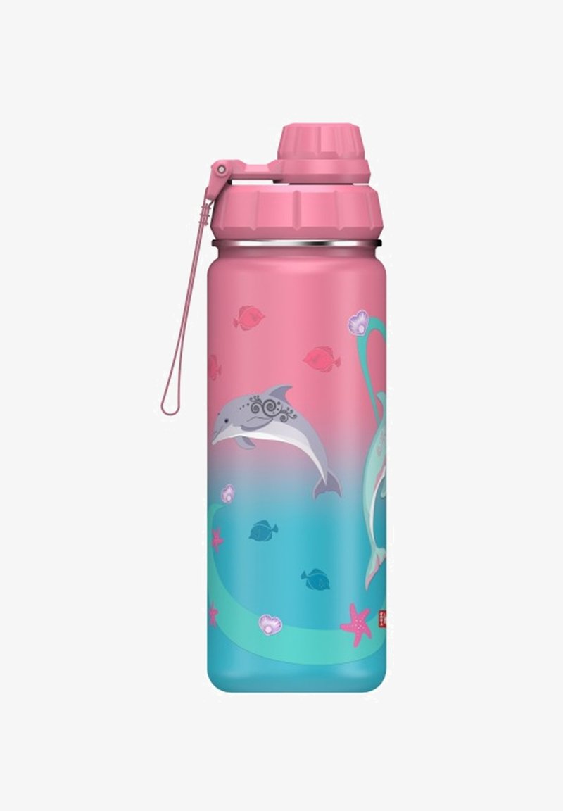 Rosa und blaue Edelstahl-Wasserflasche mit Illustrationen von Delfinen und Fischen, ausgestattet mit einem Schraubverschluss und einer Schlaufe zum einfachen Tragen.