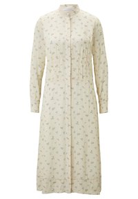 Lång krämfärgad klänning med små blå och beige blommönster, långa ärmar, knappad front och hög krage.