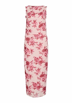 Ujjatlan, testhez simuló midi ruha rózsaszín és piros virágmintával, oldalain és vállain ráncolt részletekkel.
