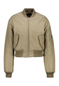 Zkrácená bomber bunda z béžového nylonu, která má přední zip, žebrované manžety, dvě boční kapsy a jednu kapsu na rukávu se zipem.
