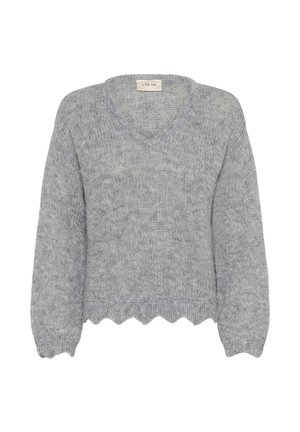 Pelēks adīts džemperis ar V-veida kaklu, garajām piedurknēm un viļņotu apakšmalu. Izgatavots no teksturēta, mīksta auduma. Uz birkas ir uzraksts "CREAM."