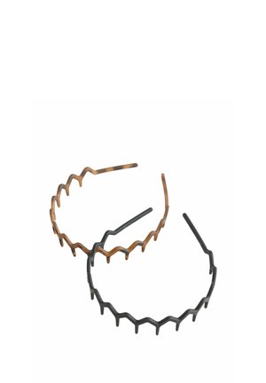 Two zigzag-patterned plastic headbands, one tortoiseshell and one black, shown on a white background.